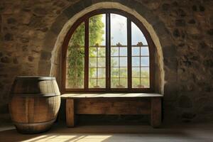 AI generated Barrel in an ancient castle beside the window. AI Generated photo