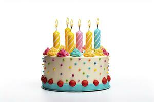 AI generated Colourful birthday cake with candles isolated on white background. AI Generated photo