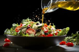 AI generated health benefits of healthy salad, in the style of precise detailing, smooth and shiny. AI Generated photo