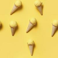 AI generated Ice Cream pattern on yellow background, top view. AI Generated photo