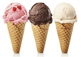 AI generated Chocolate, vanilla and strawberry Ice cream in the cone on white background. AI Generated photo