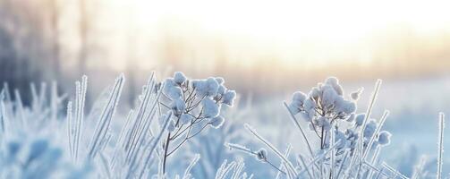 AI generated Frozen snowy grass, winter natural abstract background. beautiful winter landscape. AI Generated photo