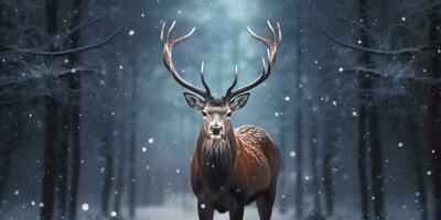 AI generated Noble deer male in the winter snow forest. Artistic winter Christmas landscape. AI Generated photo