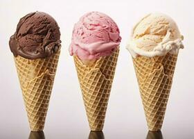 AI generated Chocolate, vanilla and strawberry Ice cream in the cone on white background. AI Generated photo