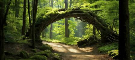 AI generated Natural archway shaped by branches in the forest. AI Generated photo