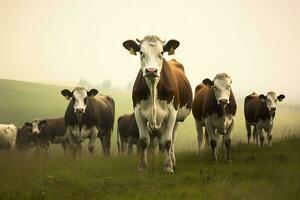 ai generado grupo de vacas en pie en un herboso campo. ai generado foto