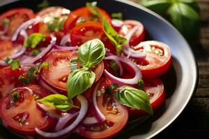 AI generated Healthy tomato salad with onion basil olive oil and balsamic vinegar. AI Generated photo