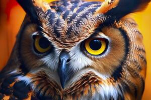 AI generated Owl headshot with closeup of face. Generative AI photo