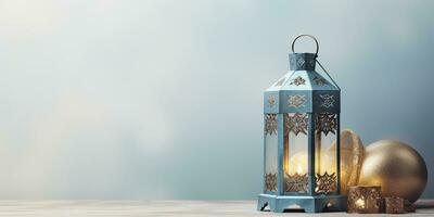 AI generated Celebration of islamic eid mubarak and eid al adha lantern in a light background. photo