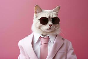 ai generado un gato es vistiendo Gafas de sol y traje en rosado antecedentes. ai generado foto