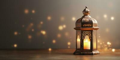 AI generated Celebration of islamic eid mubarak and eid al adha lantern in a light background. photo