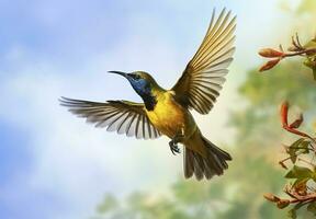 ai generado aceituna Respaldados pájaro sol, amarillo vientre Sunbird volador en el brillante cielo. generativo ai foto