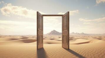 AI generated The opened door on the desert. Unknown and start up concept. AI Generated. photo