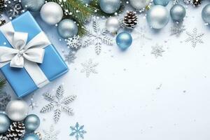 AI generated Christmas concept. Top view of the big present box with ribbon. photo
