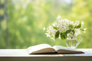 ai generado jazmín flores en un florero y abierto libro en el mesa, verde natural antecedentes. ai generado foto