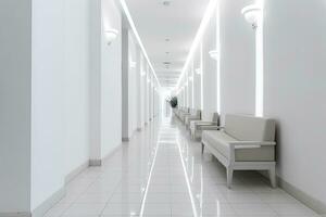 AI generated Interior design of a modern luxurious white building corridor or hallway with waiting seat. AI Generated photo