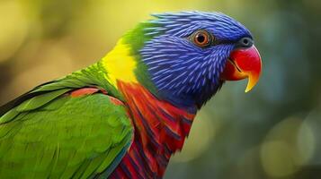 ai generado lado ver de cerca de hermosa y vistoso lorikeet verde nuca pájaro. generativo ai foto