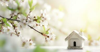 AI generated Toy house and cherry flowers, spring abstract natural background. Generative AI photo