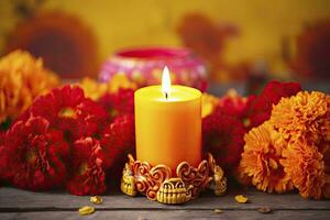 AI generated Candles and marigold flowers. Day of the dead concept dia de los muertos. AI Generated photo