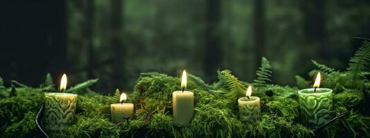 AI generated Burning candles on moss, dark green blurred the natural background. Magic candle. Generative AI photo