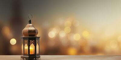 AI generated Celebration of islamic eid mubarak and eid al adha lantern in a light background. photo