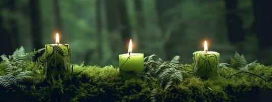 AI generated Burning candles on moss, dark green blurred the natural background. Magic candle. Generative AI photo