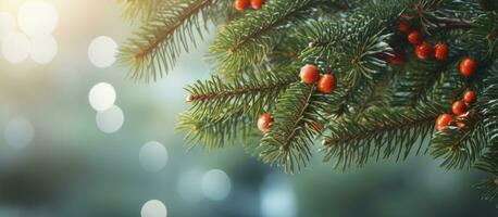 ai generado cerca arriba ver de un Navidad árbol ramas en un natural bokeh antecedentes. foto