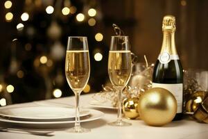 AI generated Christmas table setting with holiday decorations in wine bottle and wine glasses against bokeh background photo