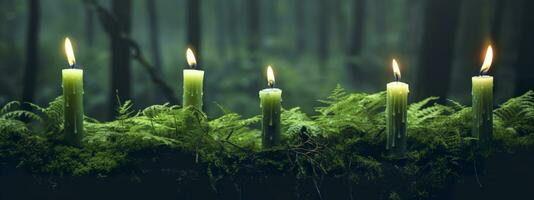 AI generated Burning candles on moss, dark green blurred the natural background. Magic candle. Generative AI photo