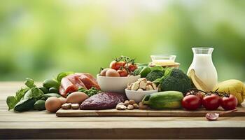 AI generated Closeup of vegetables, fruits, and meat on wooden table over green natural background. Generative AI photo