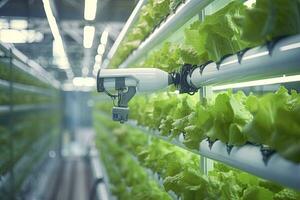 ai generado automático agrícola tecnología con de cerca ver de robótico brazo cosecha lechuga en vertical hidropónico planta. ai generado foto