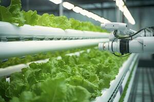 ai generado automático agrícola tecnología con de cerca ver de robótico brazo cosecha lechuga en vertical hidropónico planta. ai generado foto