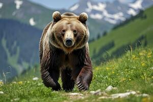 AI generated Brown bear moving on the green meadow in springtime nature. AI Generated photo