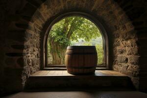 ai generado barril en un antiguo castillo junto a el ventana. ai generado foto