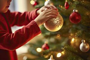 ai generado niño decorando Navidad árbol de cerca. ai generado foto