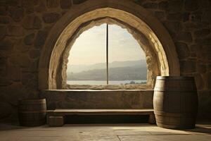 AI generated Barrel in an ancient castle beside the window. AI Generated photo