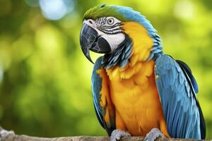 AI generated Blue and yellow macaw parrot against a natural green background photo