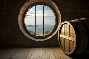 AI generated Barrel in an ancient castle beside the window. AI Generated photo