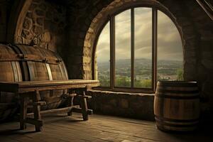 ai generado barril en un antiguo castillo junto a el ventana. ai generado foto