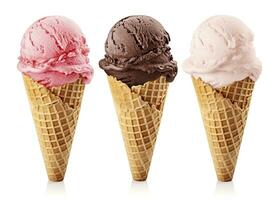 AI generated Chocolate, vanilla and strawberry Ice cream in the cone on white background. AI Generated photo