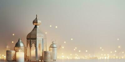 AI generated Celebration of islamic eid mubarak and eid al adha lantern in a light background. photo