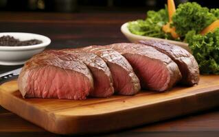 ai generado brasileño picanha comida en un de madera corte tablero. foto