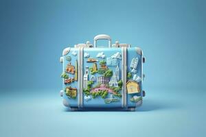 AI generated Blue suitcase full of landmarks and travel accessories on blue background. Generative AI photo