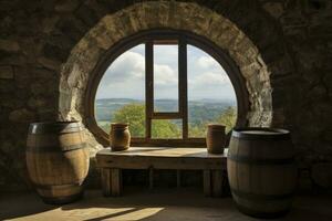 AI generated Barrel in an ancient castle beside the window. AI Generated photo