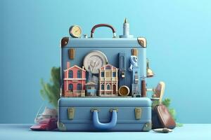 AI generated Blue suitcase full of landmarks and travel accessories on blue background. Generative AI photo