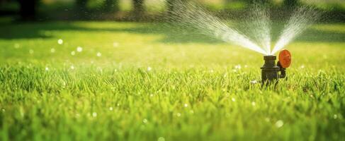 AI generated Automatic garden lawn sprinkler in action watering grass. AI Generated photo