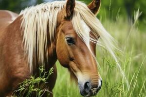 ai generado marrón caballo con rubio pelo come césped en un verde prado detalle desde el cabeza. foto