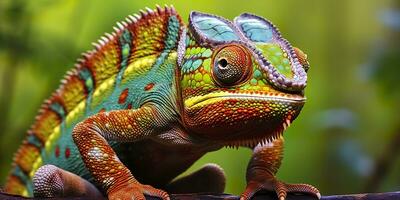 AI generated A colorful close up chameleon with a high crest on its head. Generative AI photo
