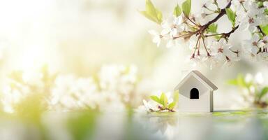 AI generated Toy house and cherry flowers, spring abstract natural background. Generative AI photo