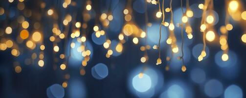 AI generated holiday illumination and decoration concept, Christmas garland bokeh lights over dark blue background. AI Generated photo